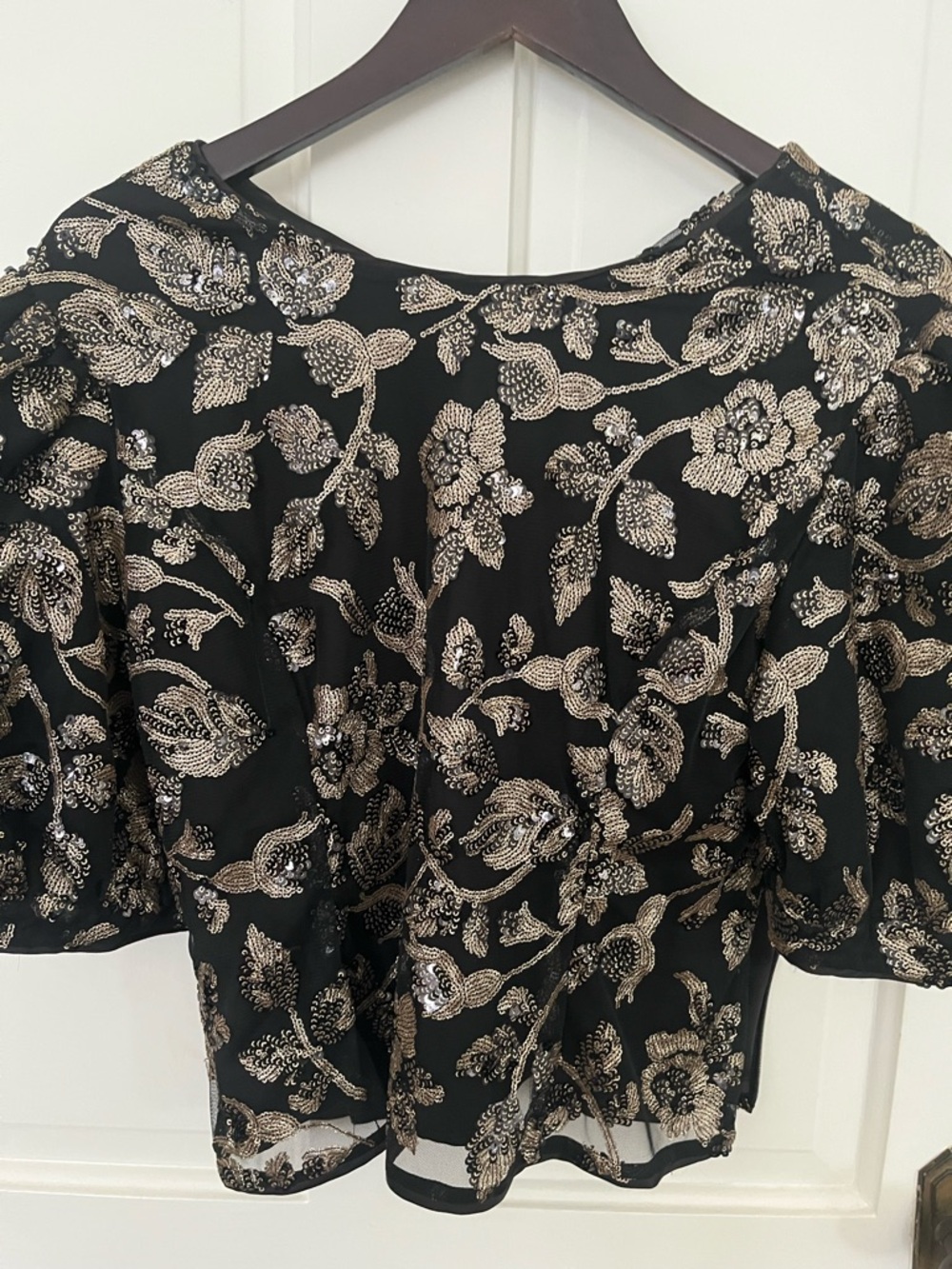 MAJORELLE Black Top with Gold Floral Sequin Embroidery NWT